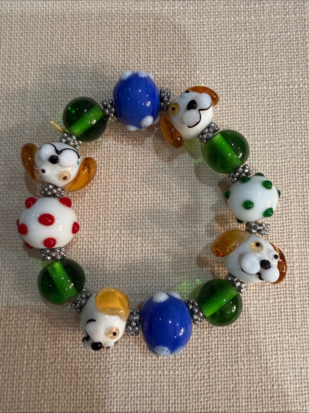 Glass Bead Dog Charm Bracelet - Green, Blue, White, Red Accents